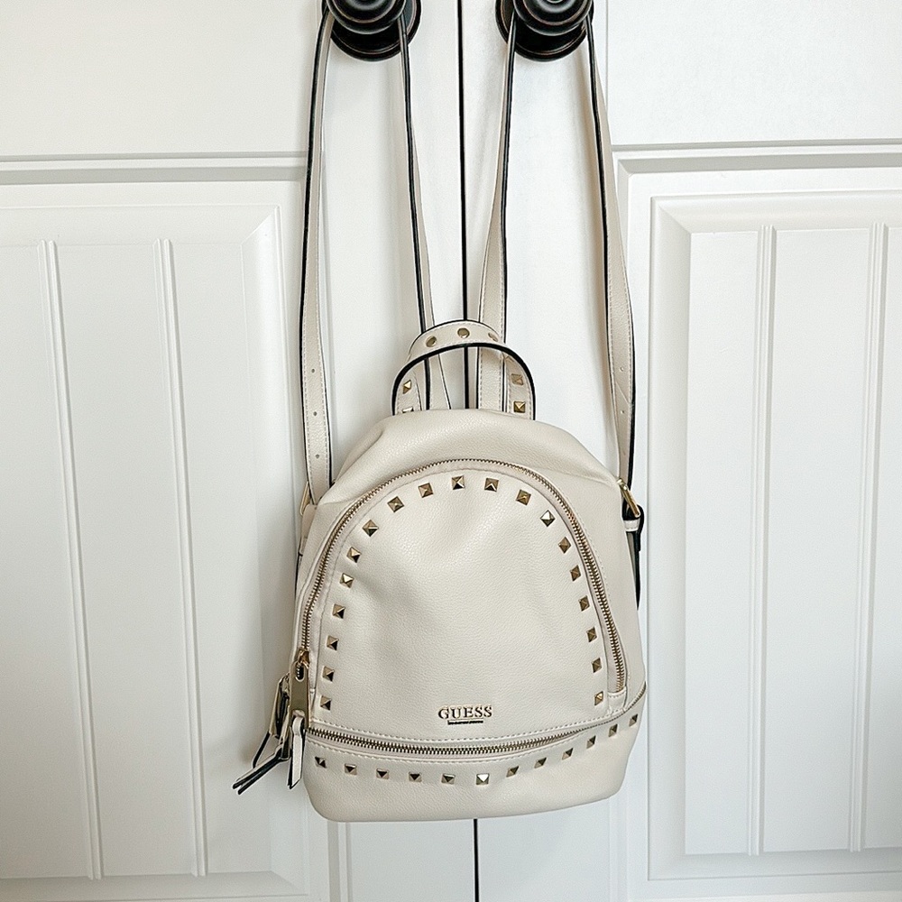 Guess Small Faux Leather Backpack Bag Studded Cream/Off White/Gold